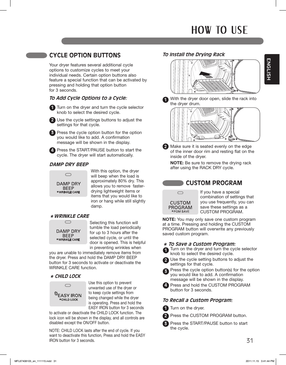 Cycle option buttons, Custom program | LG DLEX5101V User Manual | Page 31 / 92