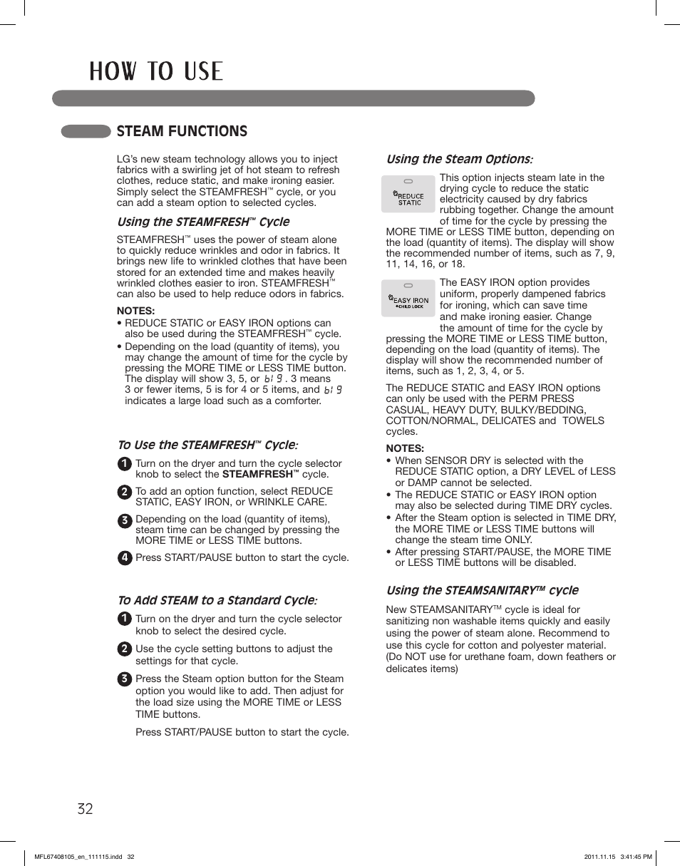 Steam functions | LG DLEX5101V User Manual | Page 32 / 92