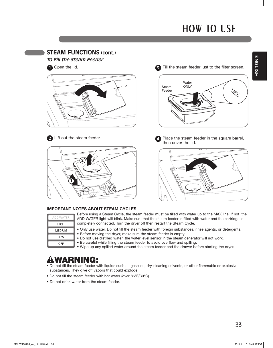 Wwarning, Steam functions | LG DLEX5101V User Manual | Page 33 / 92