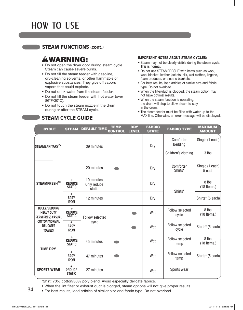 Wwarning, Steam cycle guide, Steam functions | LG DLEX5101V User Manual | Page 34 / 92