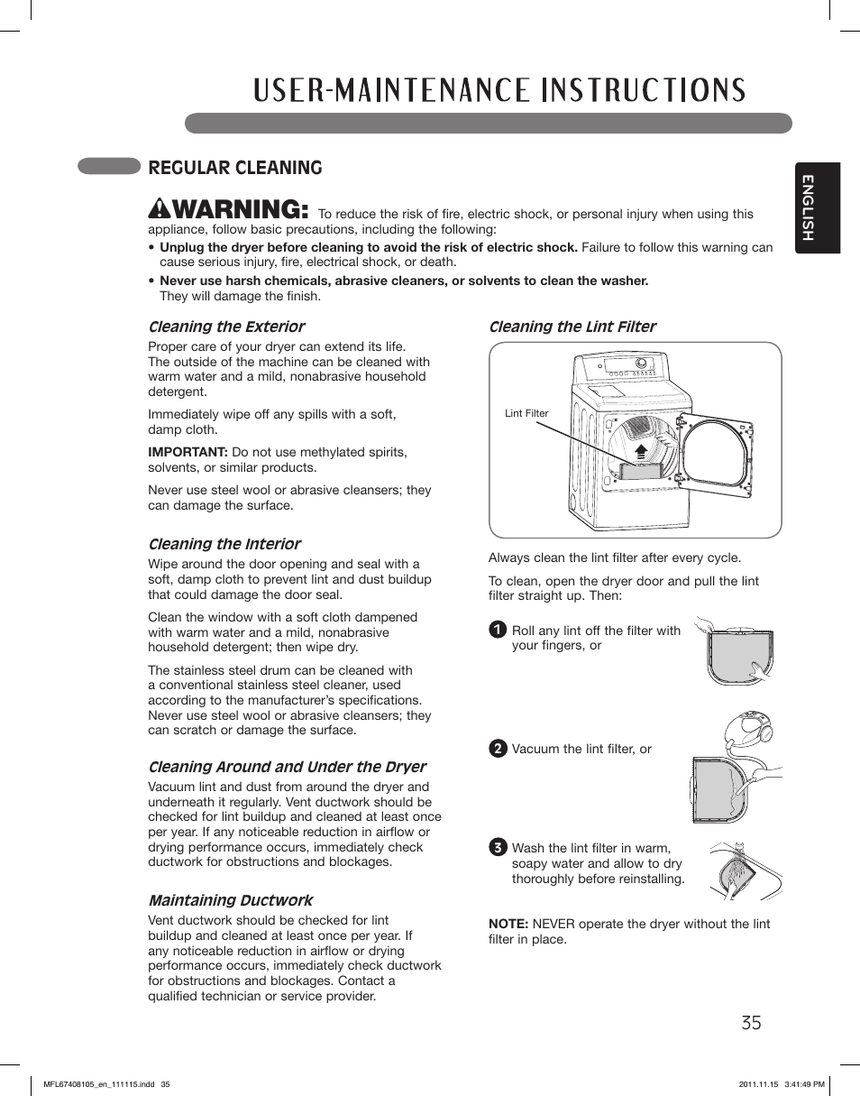 Wwarning, Regular cleaning | LG DLEX5101V User Manual | Page 35 / 92