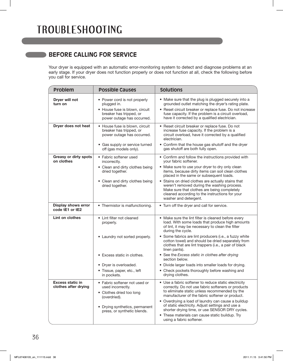 Before calling for service | LG DLEX5101V User Manual | Page 36 / 92