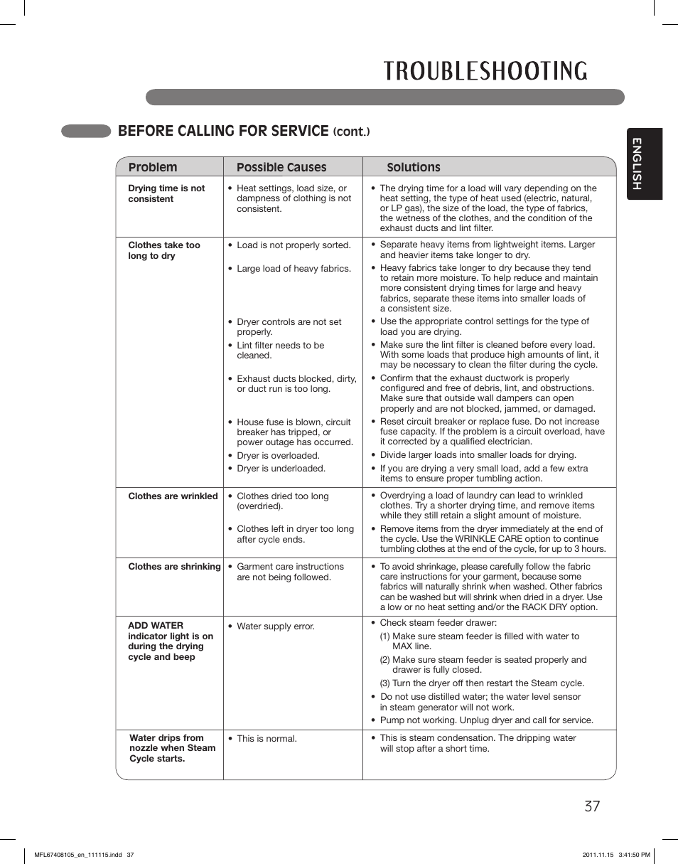 Before calling for service, English | LG DLEX5101V User Manual | Page 37 / 92