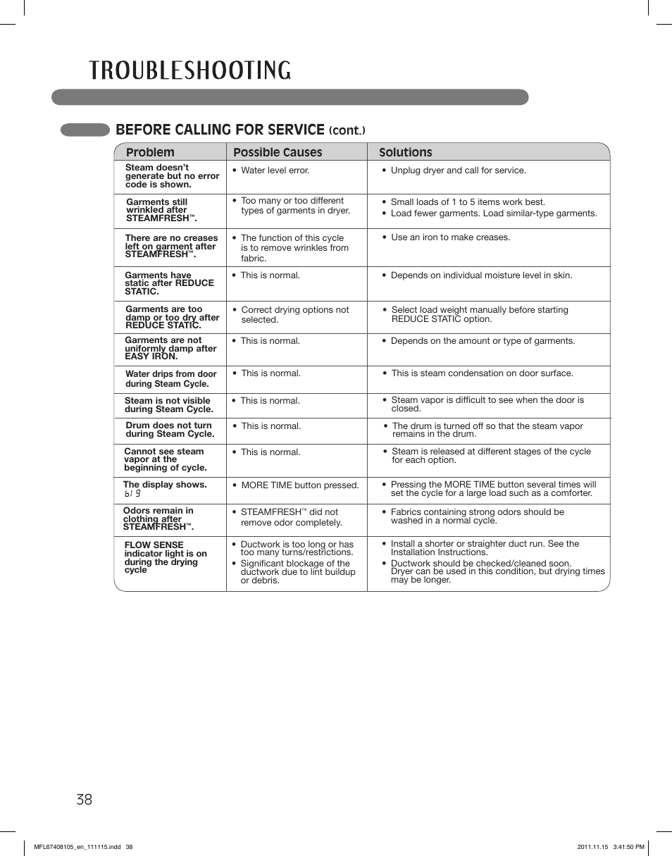 Before calling for service | LG DLEX5101V User Manual | Page 38 / 92
