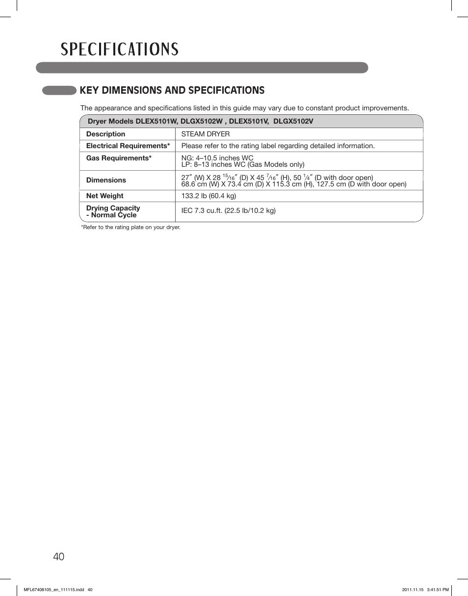 Key dimensions and specifications | LG DLEX5101V User Manual | Page 40 / 92