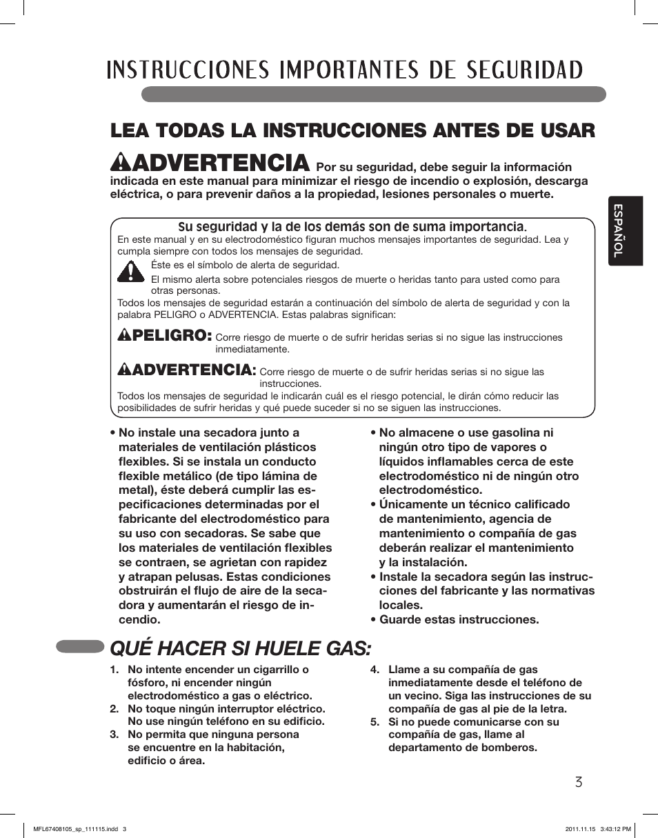 Lea todas la instrucciones antes de usar, Qué hacer si huele gas, Wpeligro | Wadvertencia | LG DLEX5101V User Manual | Page 45 / 92