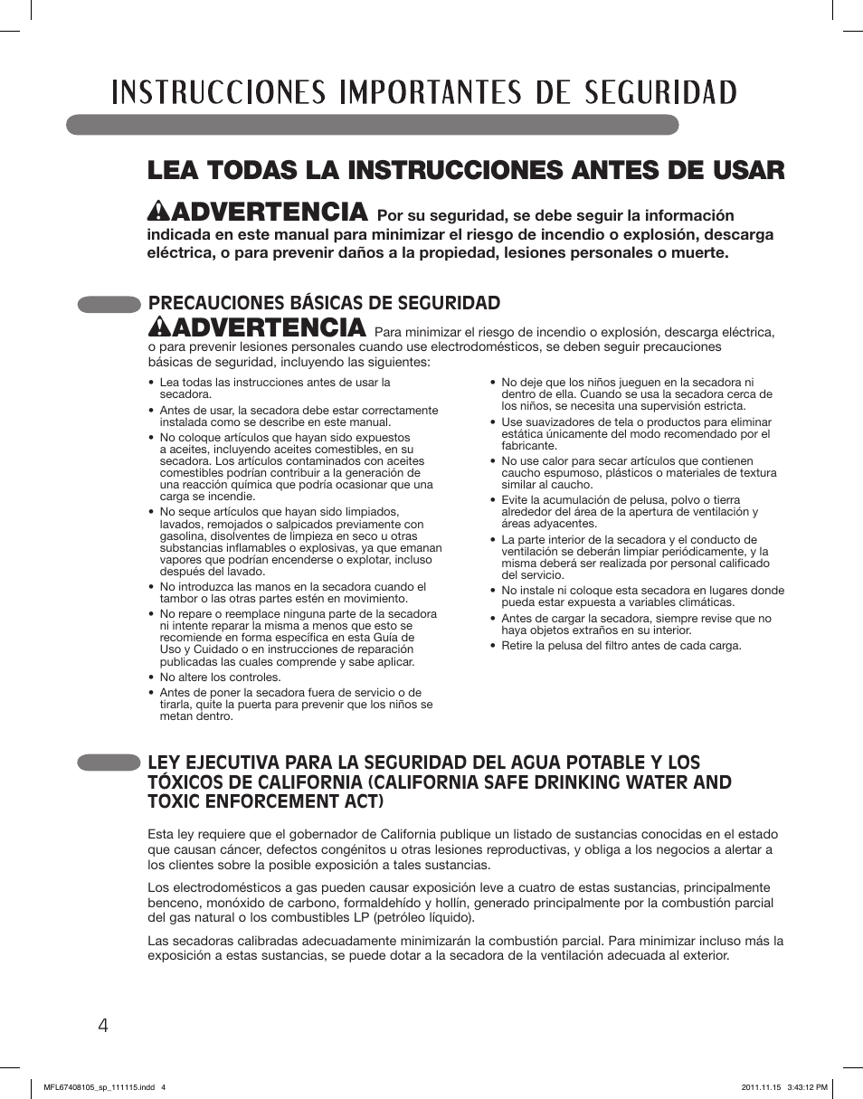 Wadvertencia, Precauciones básicas de seguridad | LG DLEX5101V User Manual | Page 46 / 92