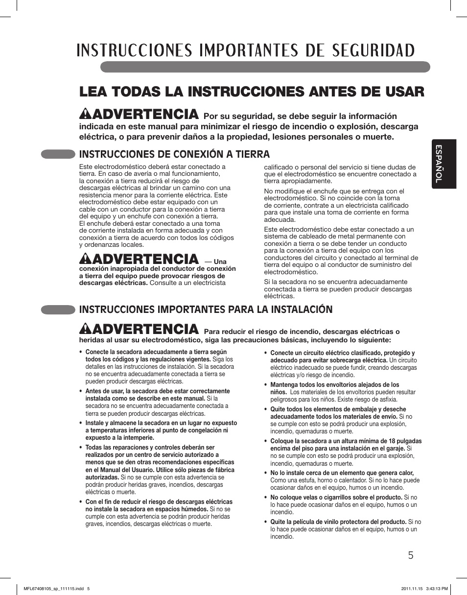 Wadvertencia, Instrucciones de conexión a tierra, Instrucciones importantes para la instalación | LG DLEX5101V User Manual | Page 47 / 92