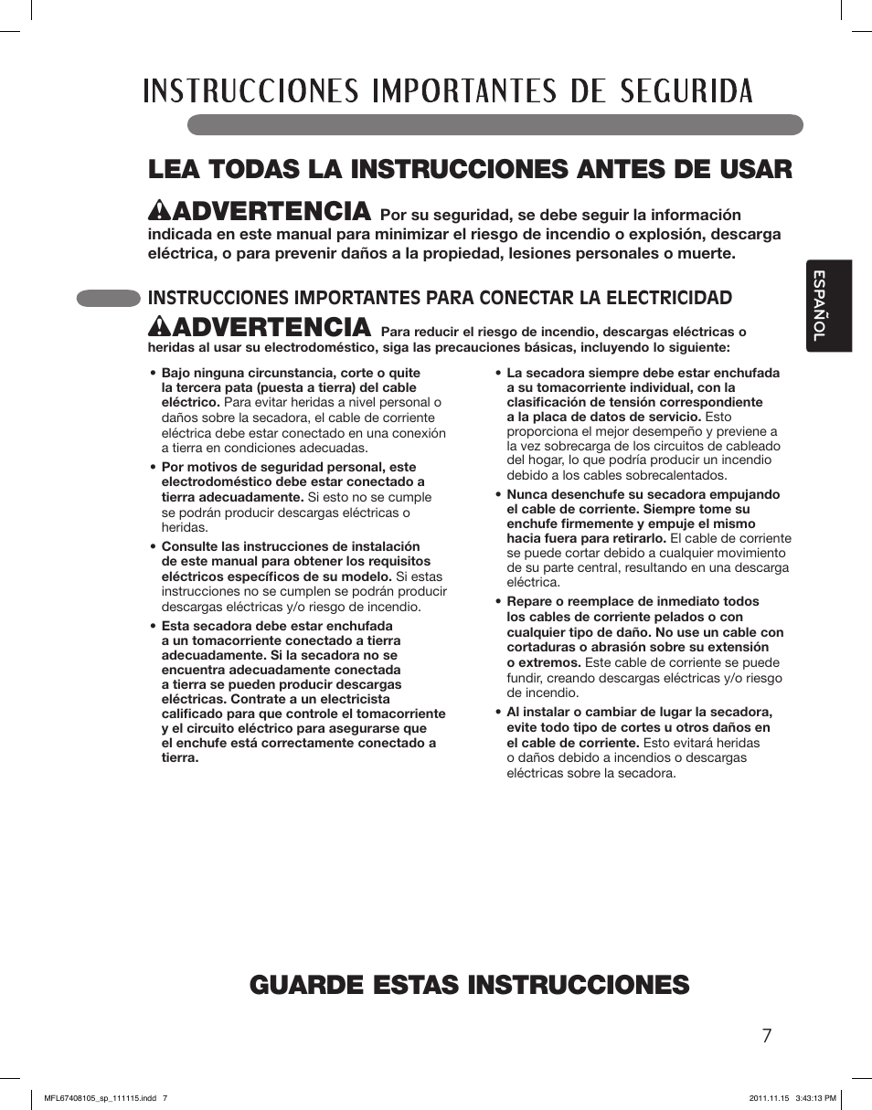 Guarde estas instrucciones, Wadvertencia | LG DLEX5101V User Manual | Page 49 / 92