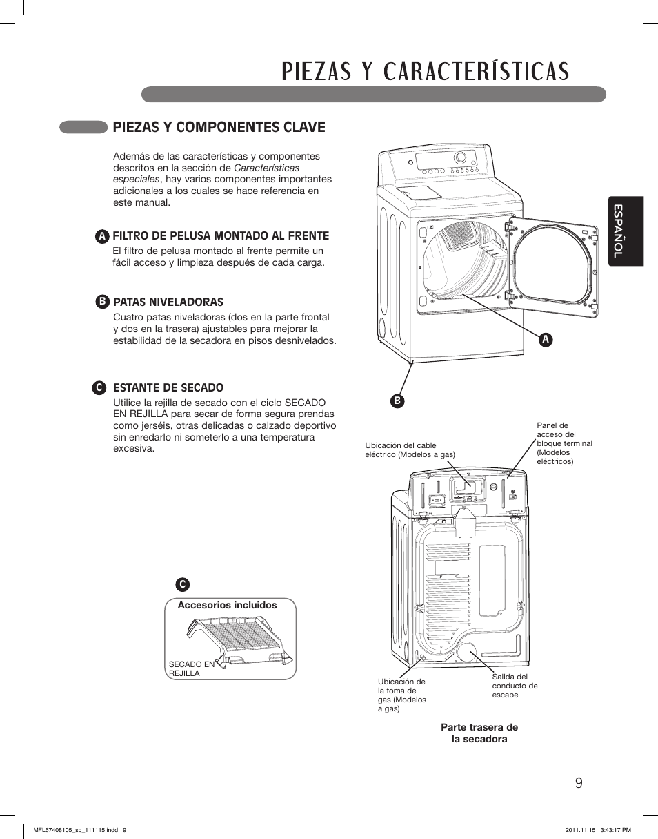 Piezas y componentes clave, Esp anol | LG DLEX5101V User Manual | Page 51 / 92