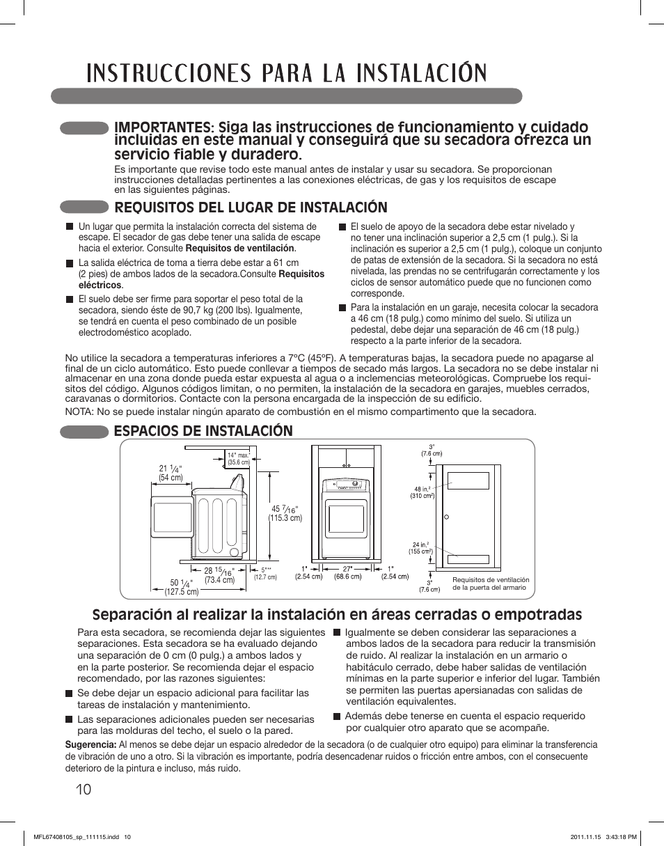 Requisitos del lugar de instalación | LG DLEX5101V User Manual | Page 52 / 92
