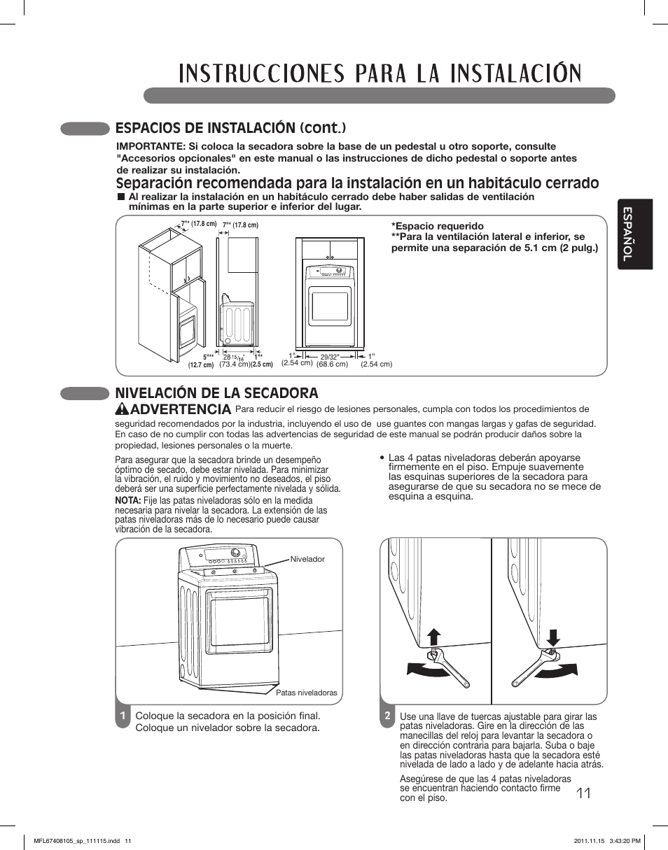 Nivelación de la secadora, Espacios de instalación (cont.), Advertencia | Esp anol | LG DLEX5101V User Manual | Page 53 / 92