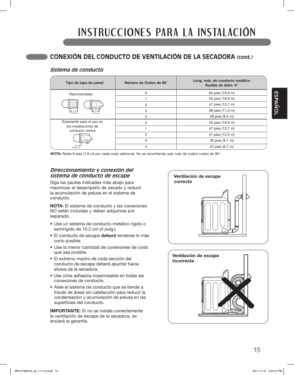 Esp anol, Sistema de conducto | LG DLEX5101V User Manual | Page 57 / 92