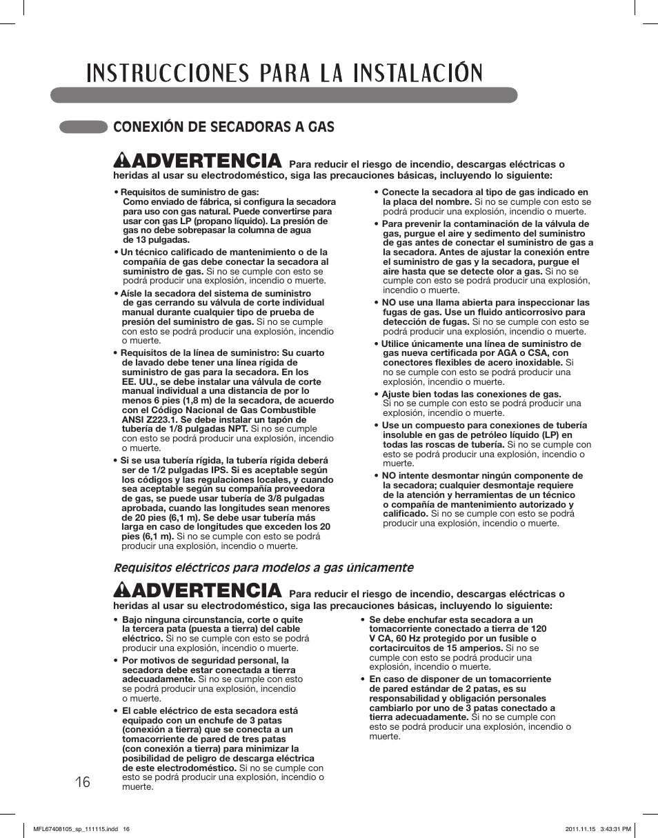 Wadvertencia, 16 conexión de secadoras a gas | LG DLEX5101V User Manual | Page 58 / 92