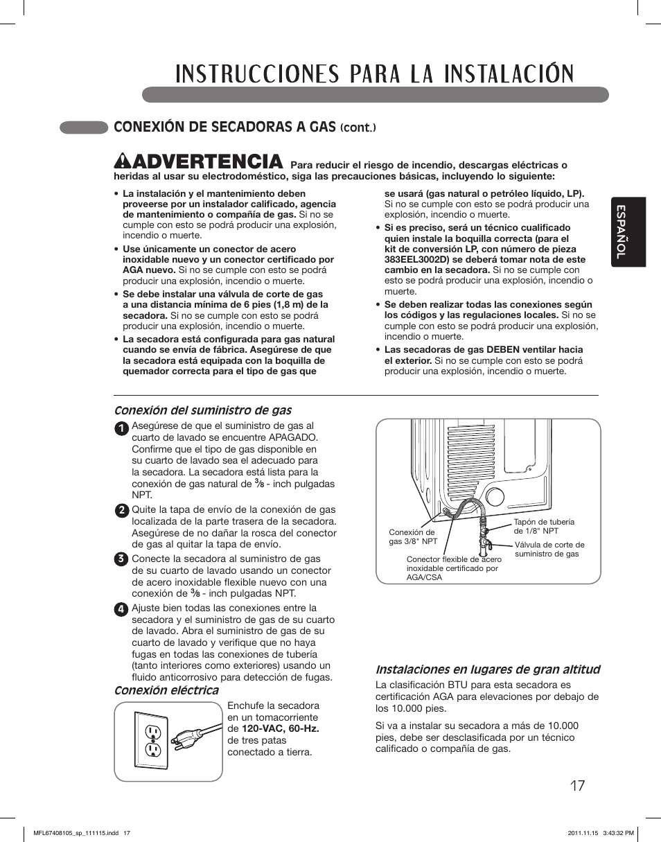 Wadvertencia, Conexión de secadoras a gas | LG DLEX5101V User Manual | Page 59 / 92