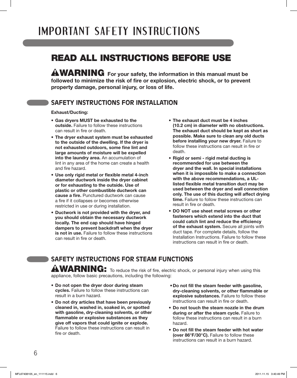 Read all instructions before use, Wwarning, Safety instructions for installation | Safety instructions for steam functions | LG DLEX5101V User Manual | Page 6 / 92