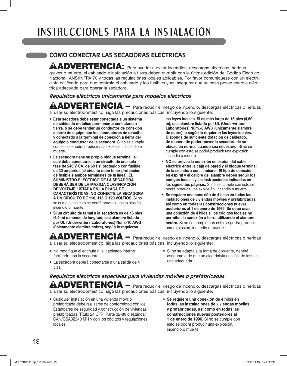 Wadvertencia, Cómo conectar las secadoras eléctricas | LG DLEX5101V User Manual | Page 60 / 92