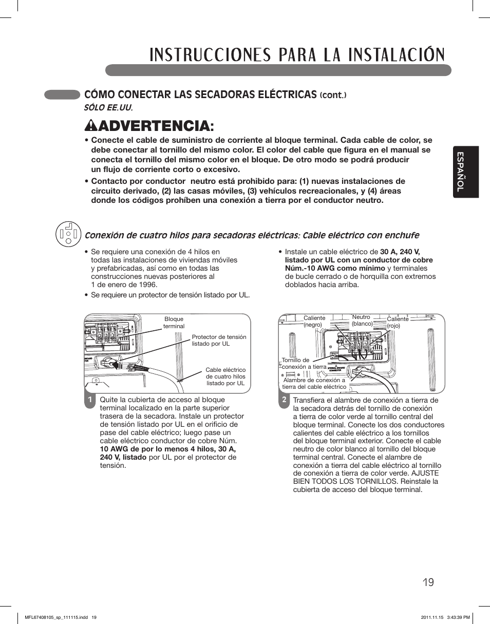 Wadvertencia, Cómo conectar las secadoras eléctricas | LG DLEX5101V User Manual | Page 61 / 92