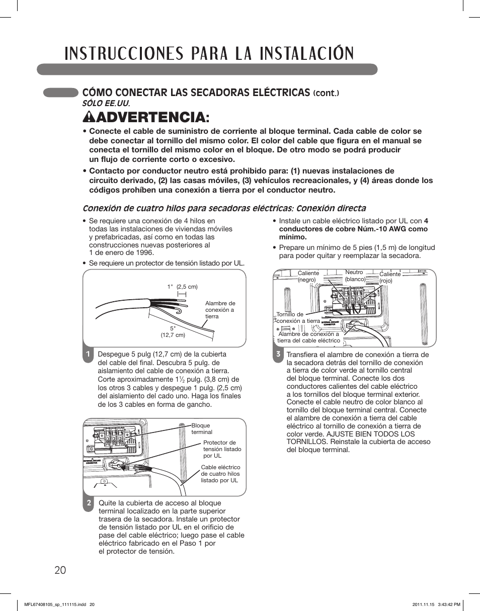 Wadvertencia, 20 cómo conectar las secadoras eléctricas | LG DLEX5101V User Manual | Page 62 / 92