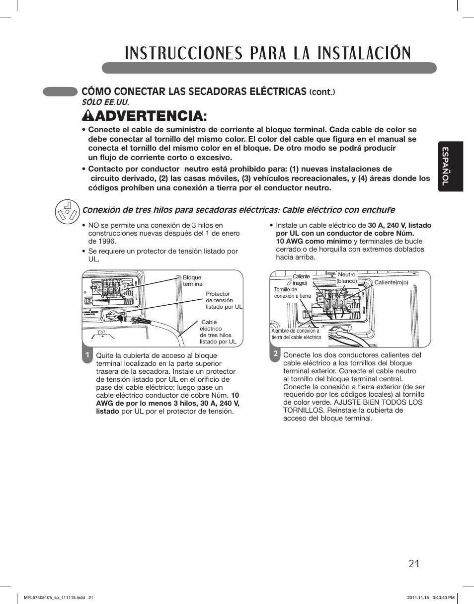 Wadvertencia, Cómo conectar las secadoras eléctricas | LG DLEX5101V User Manual | Page 63 / 92
