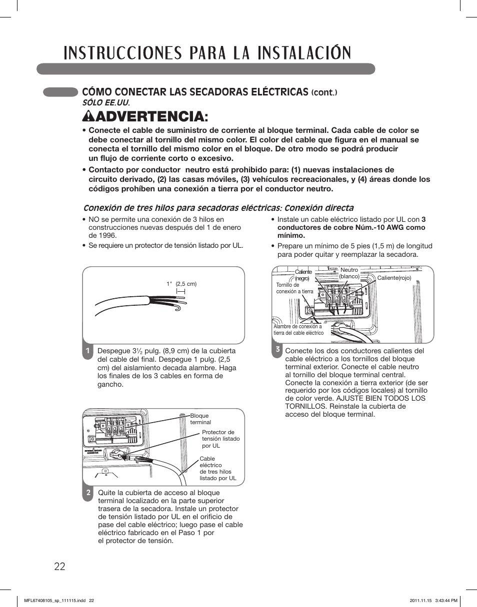 Wadvertencia, Cómo conectar las secadoras eléctricas | LG DLEX5101V User Manual | Page 64 / 92