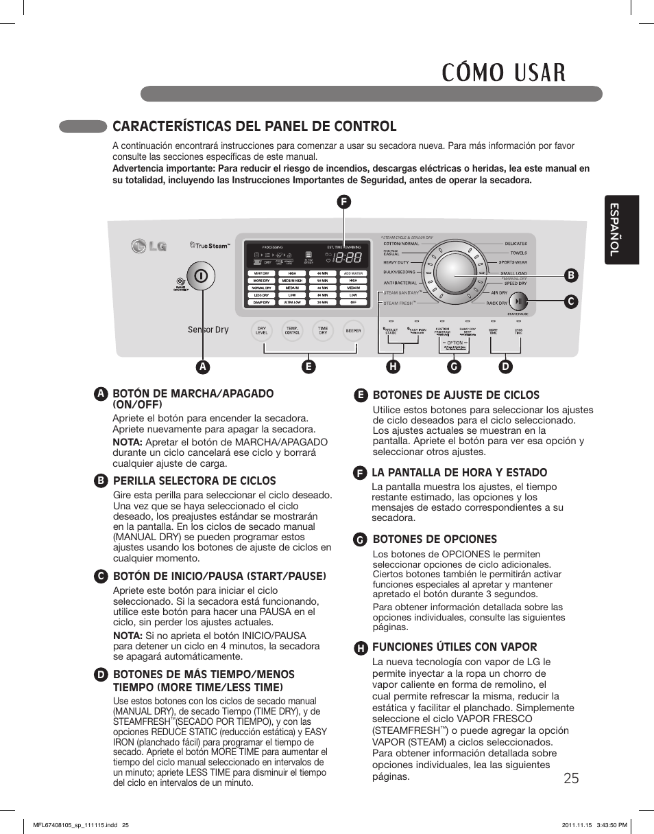 Características del panel de control | LG DLEX5101V User Manual | Page 67 / 92