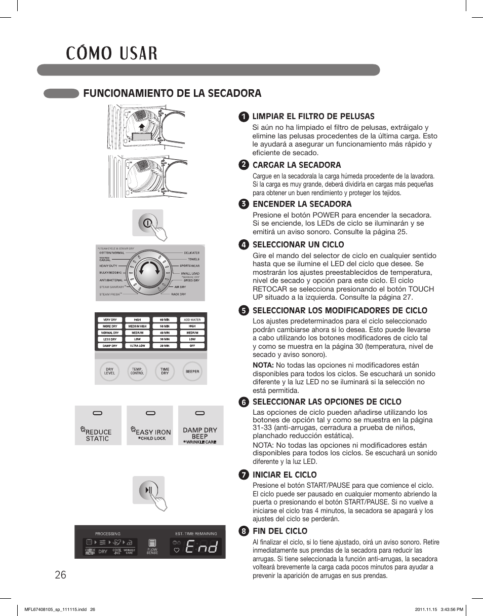 Funcionamiento de la secadora | LG DLEX5101V User Manual | Page 68 / 92