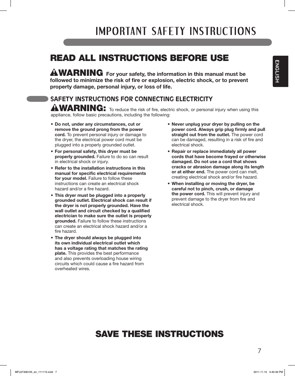 Save these instructions w warning, Read all instructions before use w warning, Safety instructions for connecting electricity | LG DLEX5101V User Manual | Page 7 / 92