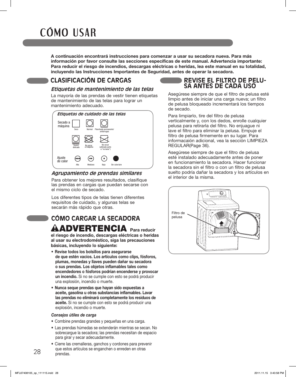 Wadvertencia, Clasificación de cargas, Cómo cargar la secadora | Revise el filtro de pelu- sa antes de cada uso | LG DLEX5101V User Manual | Page 70 / 92