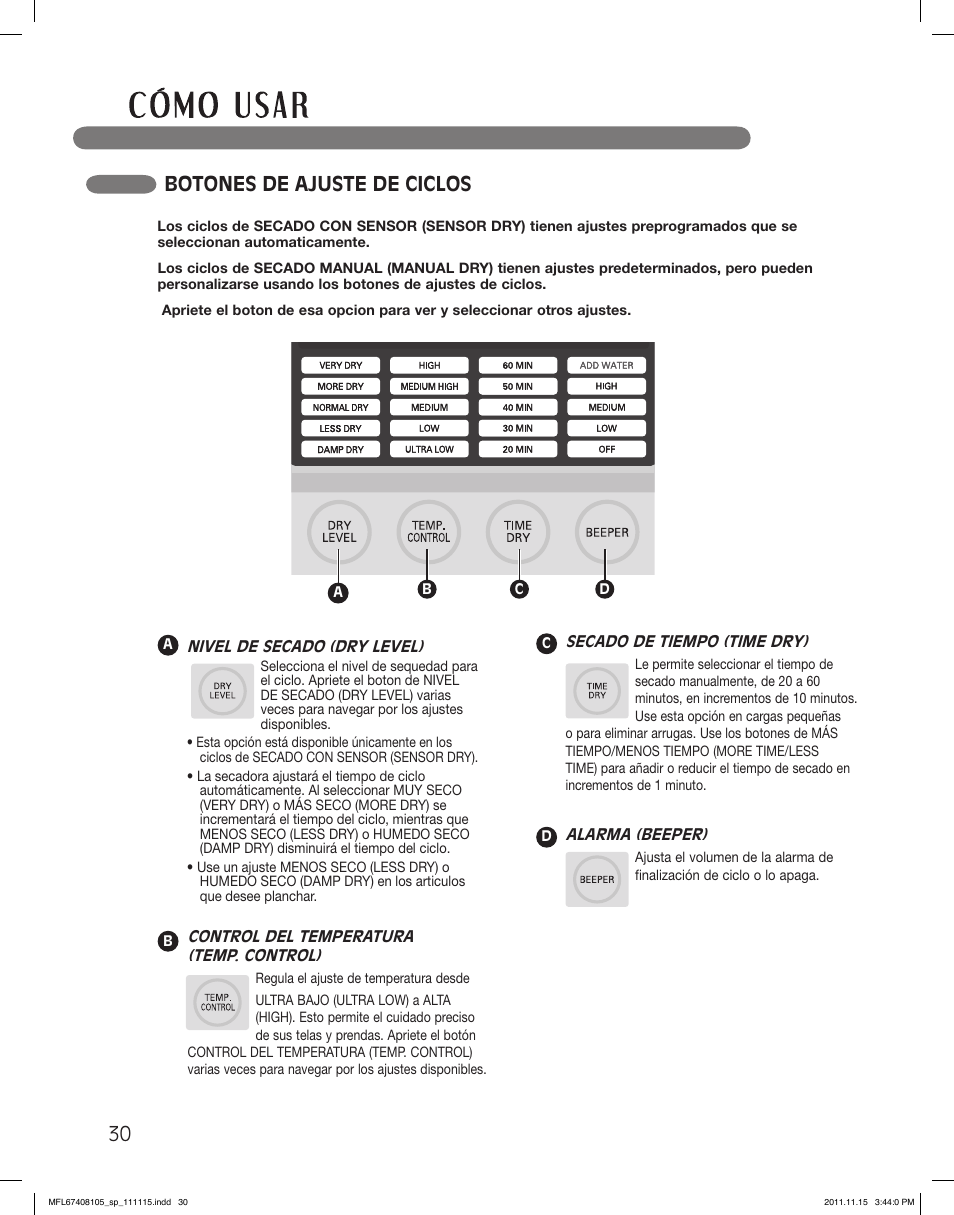 Botones de ajuste de ciclos | LG DLEX5101V User Manual | Page 72 / 92