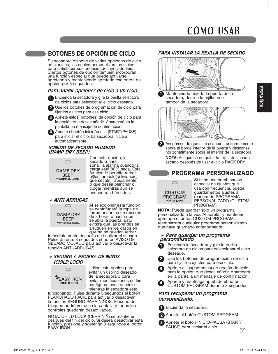 Botones de opción de ciclo, Programa personalizado | LG DLEX5101V User Manual | Page 73 / 92