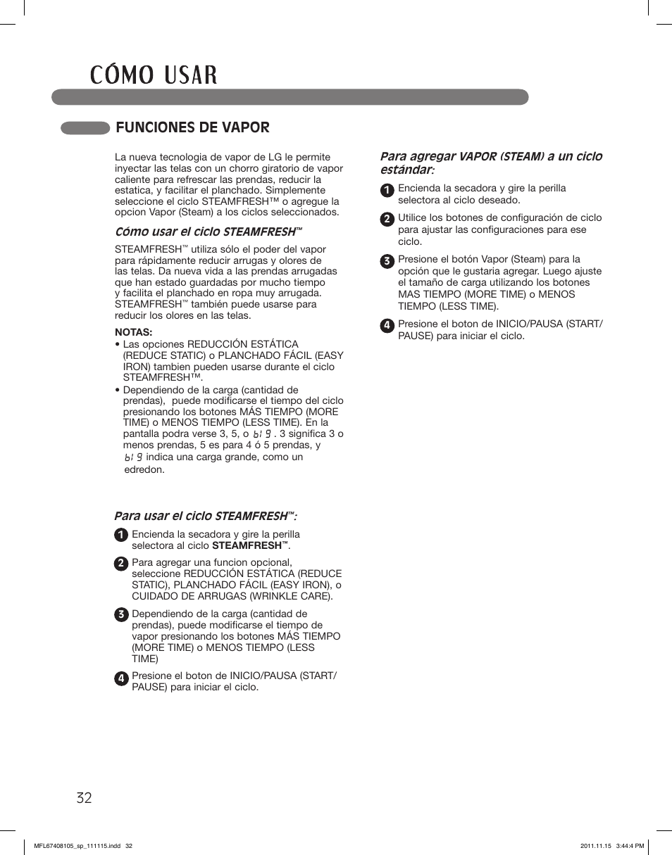 Funciones de vapor | LG DLEX5101V User Manual | Page 74 / 92