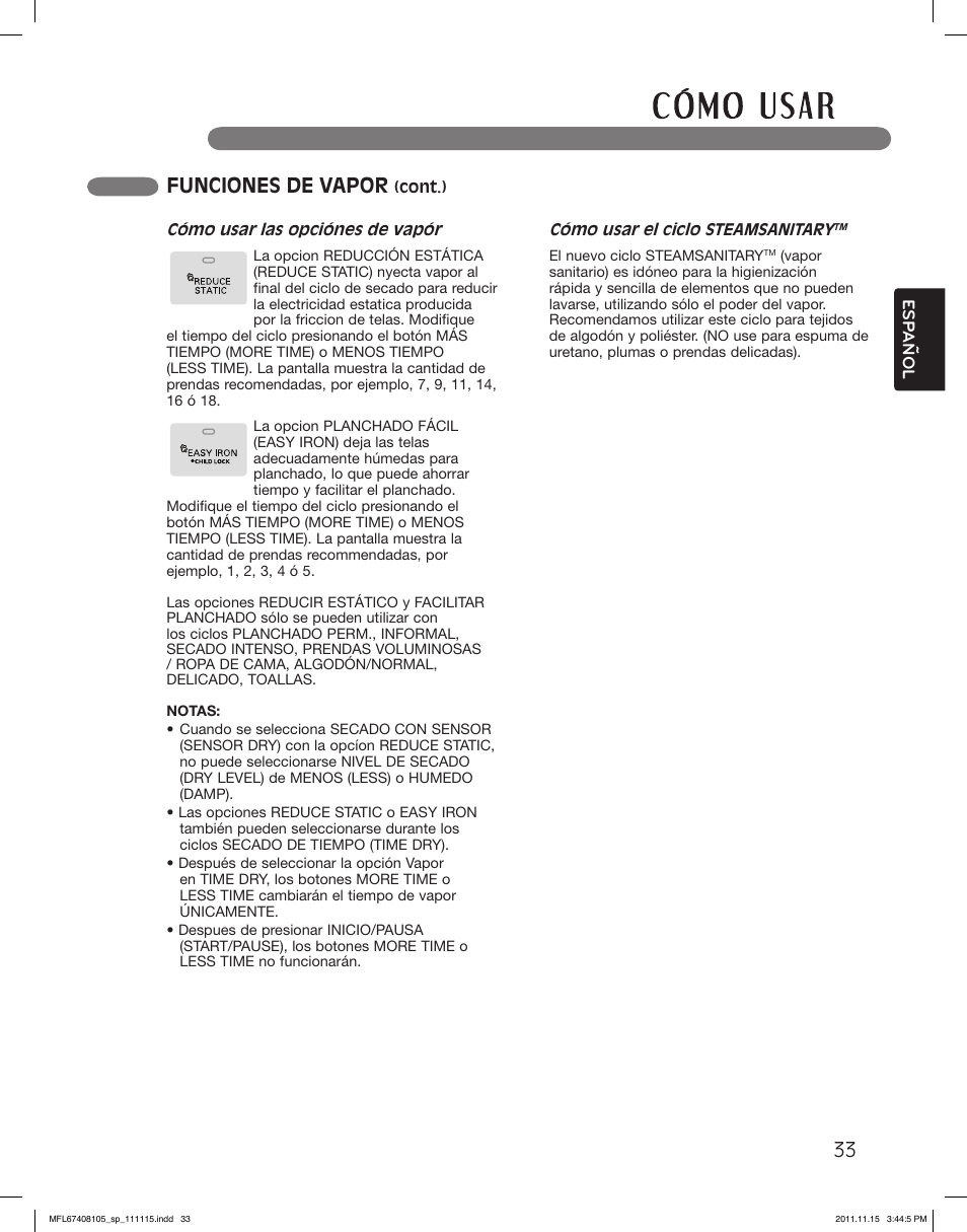 Funciones de vapor | LG DLEX5101V User Manual | Page 75 / 92