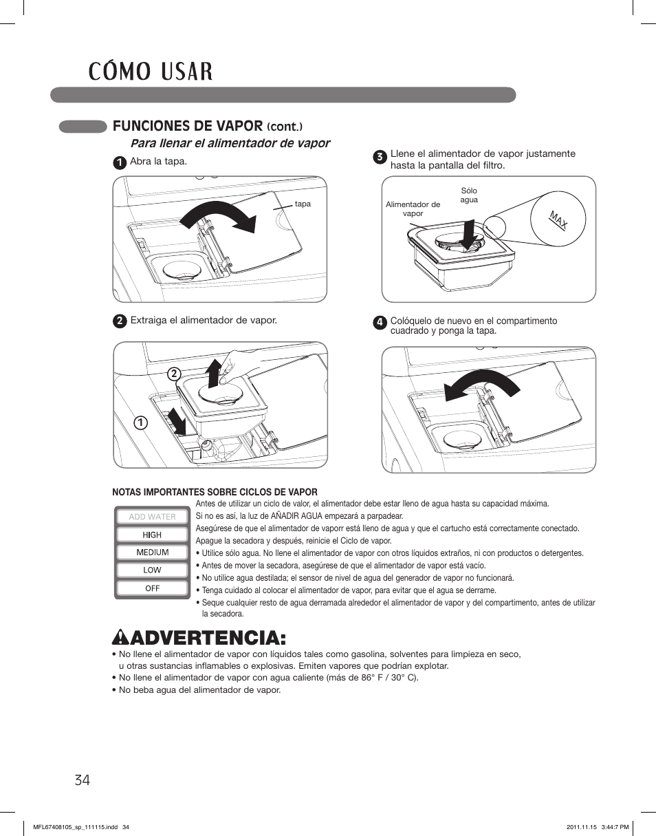 Wadvertencia, Funciones de vapor | LG DLEX5101V User Manual | Page 76 / 92