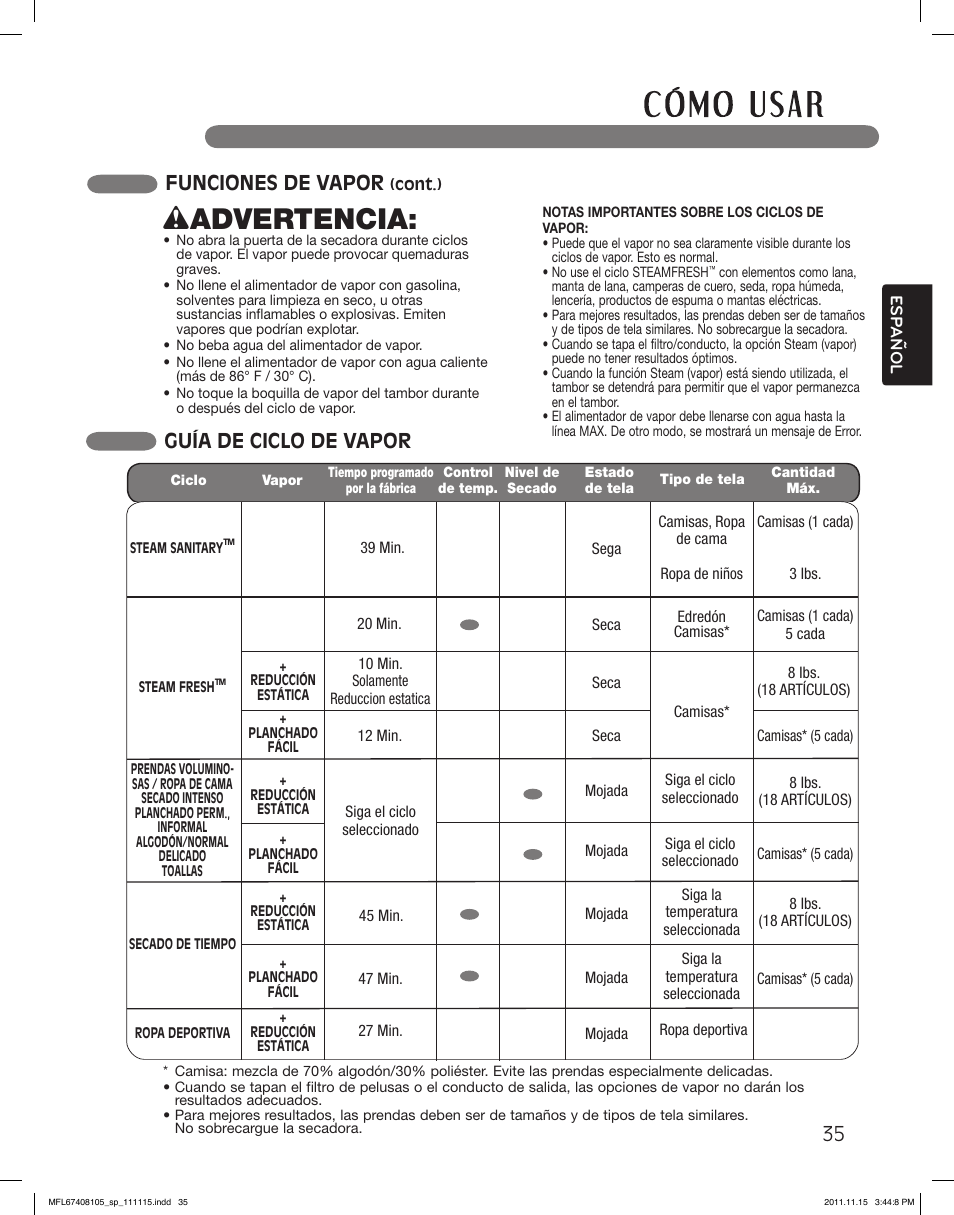 Wadvertencia, Funciones de vapor, Guía de ciclo de vapor | LG DLEX5101V User Manual | Page 77 / 92