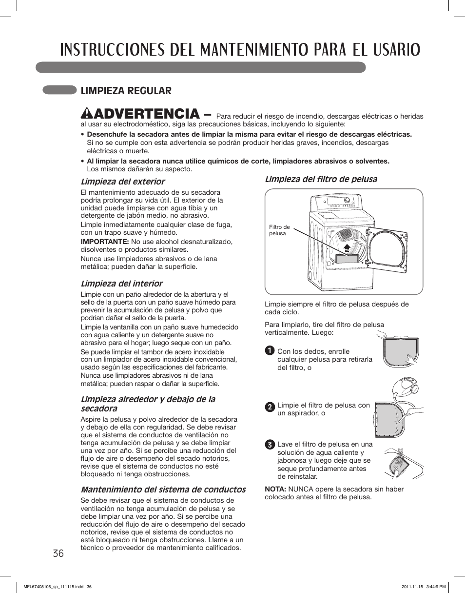 Wadvertencia, Limpieza regular | LG DLEX5101V User Manual | Page 78 / 92