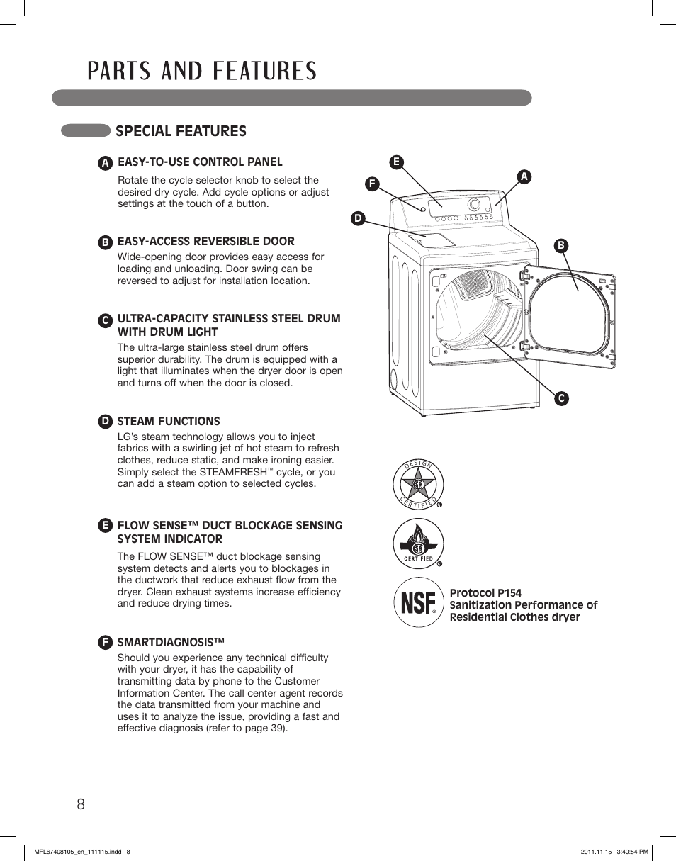 Special features | LG DLEX5101V User Manual | Page 8 / 92
