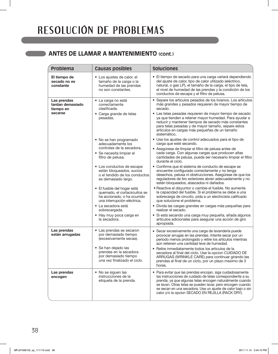 Antes de llamar a mantenimiento | LG DLEX5101V User Manual | Page 80 / 92