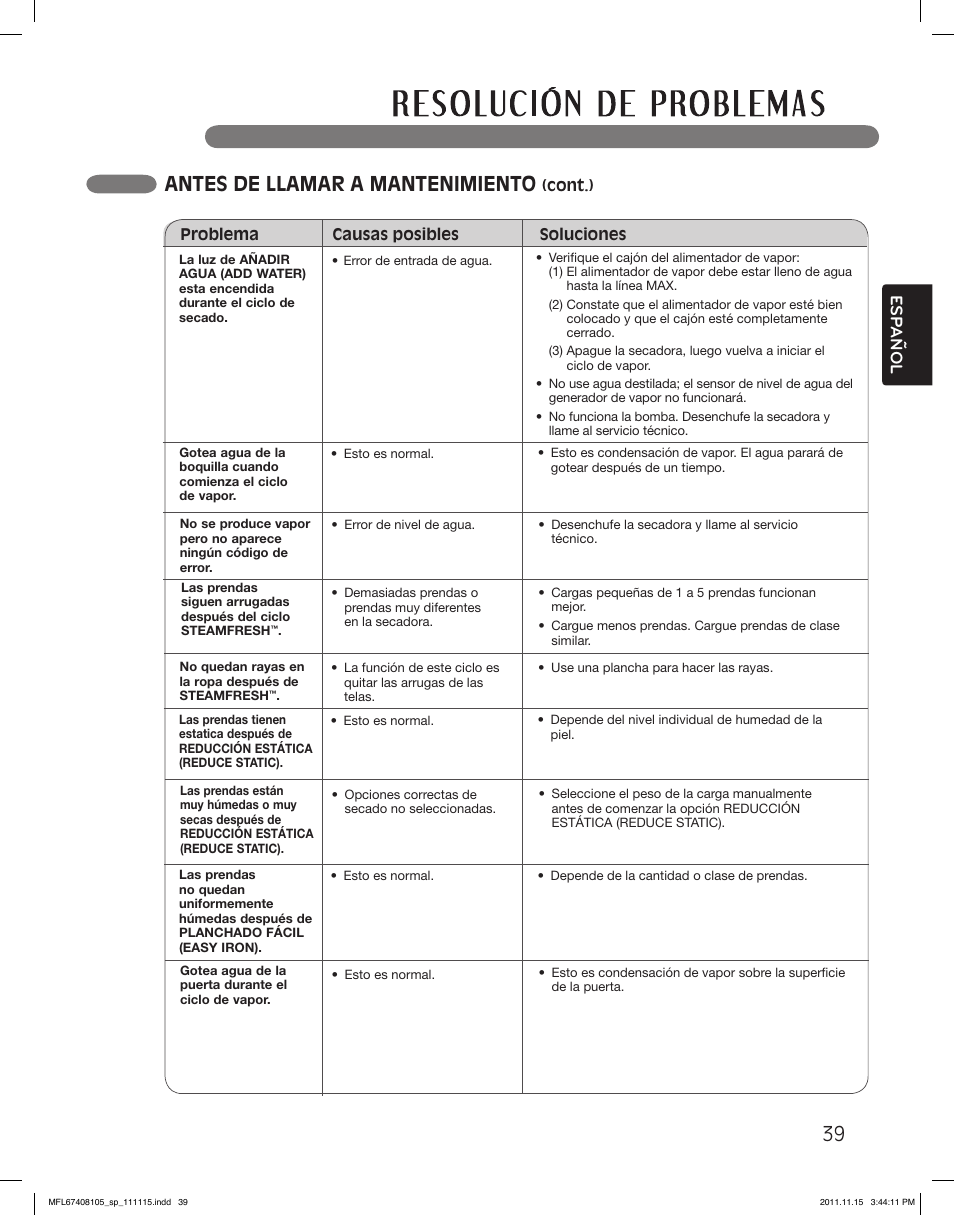 Antes de llamar a mantenimiento, Esp anol | LG DLEX5101V User Manual | Page 81 / 92