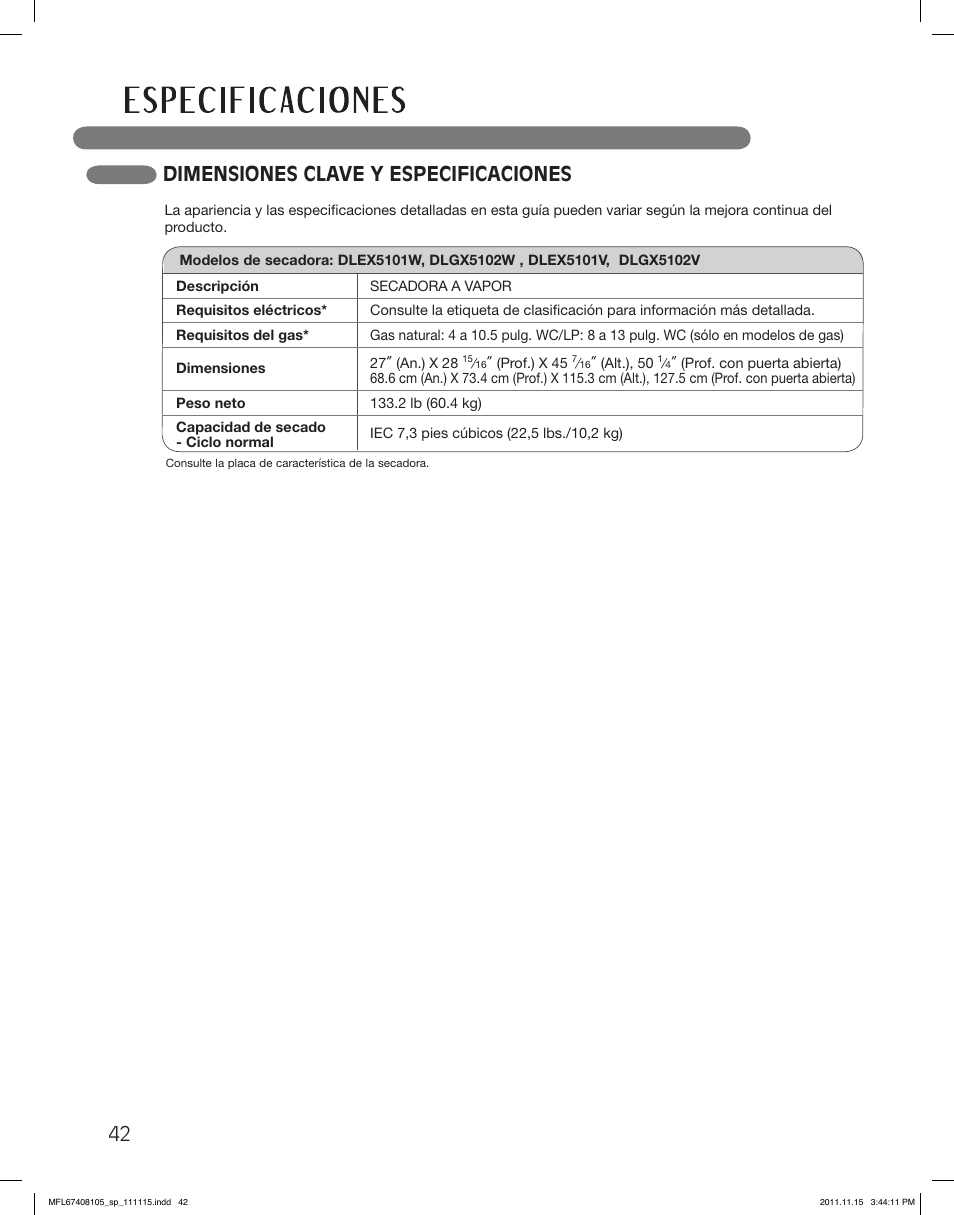 Dimensiones clave y especificaciones | LG DLEX5101V User Manual | Page 84 / 92