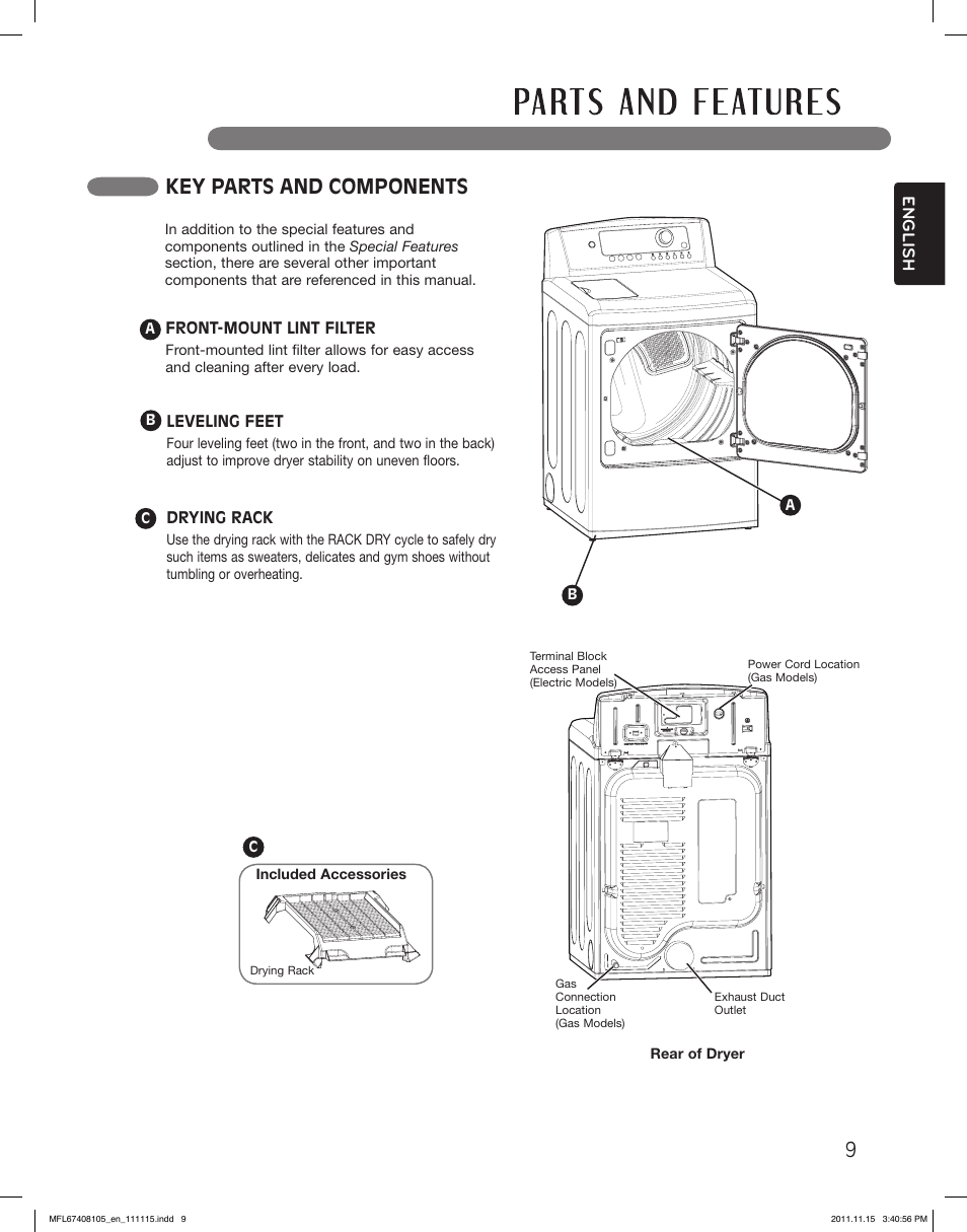 Key parts and components, English | LG DLEX5101V User Manual | Page 9 / 92
