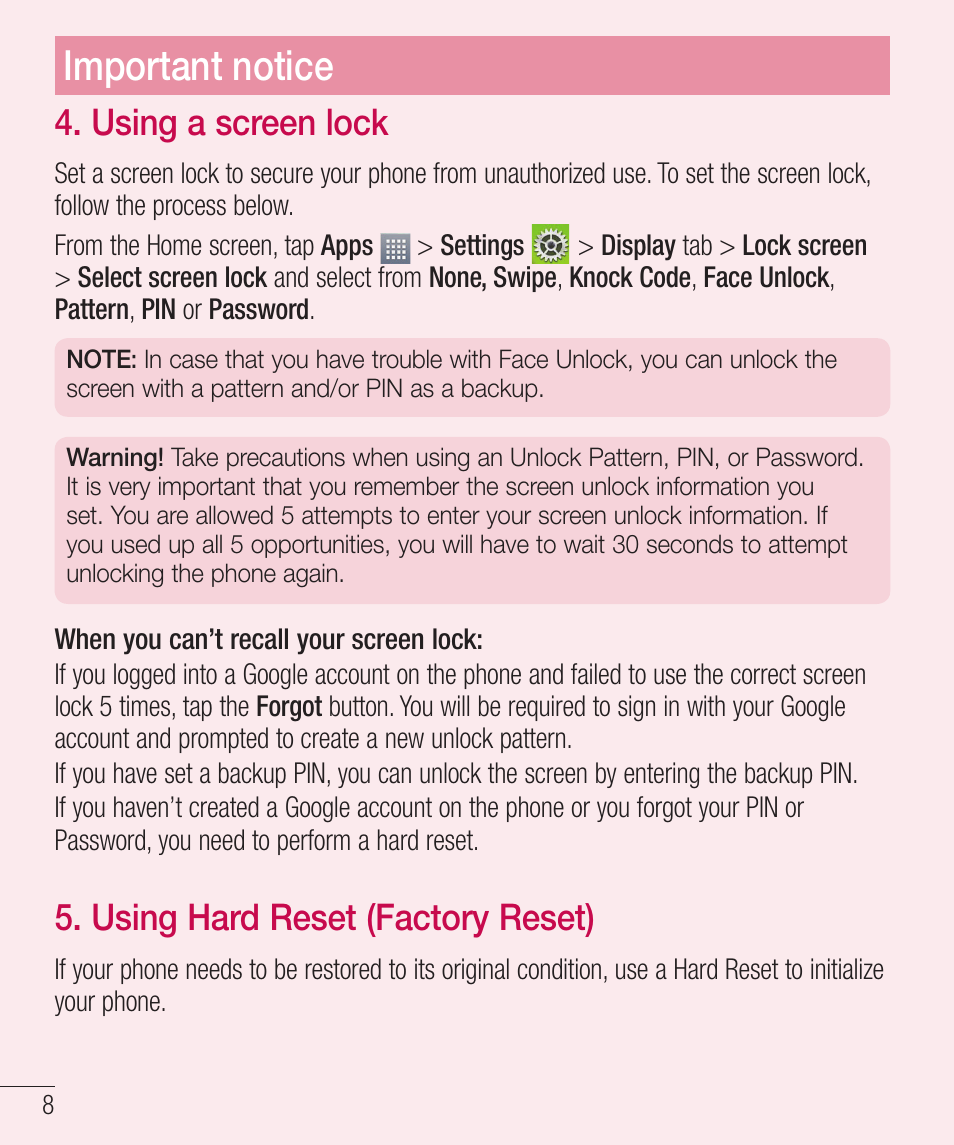 Important notice, Using a screen lock, Using hard reset (factory reset) | LG LGD321 User Manual | Page 10 / 118