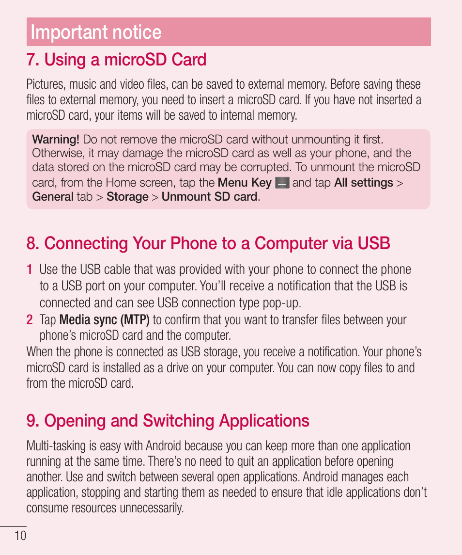 Important notice, Using a microsd card, Connecting your phone to a computer via usb | Opening and switching applications | LG LGD321 User Manual | Page 12 / 118