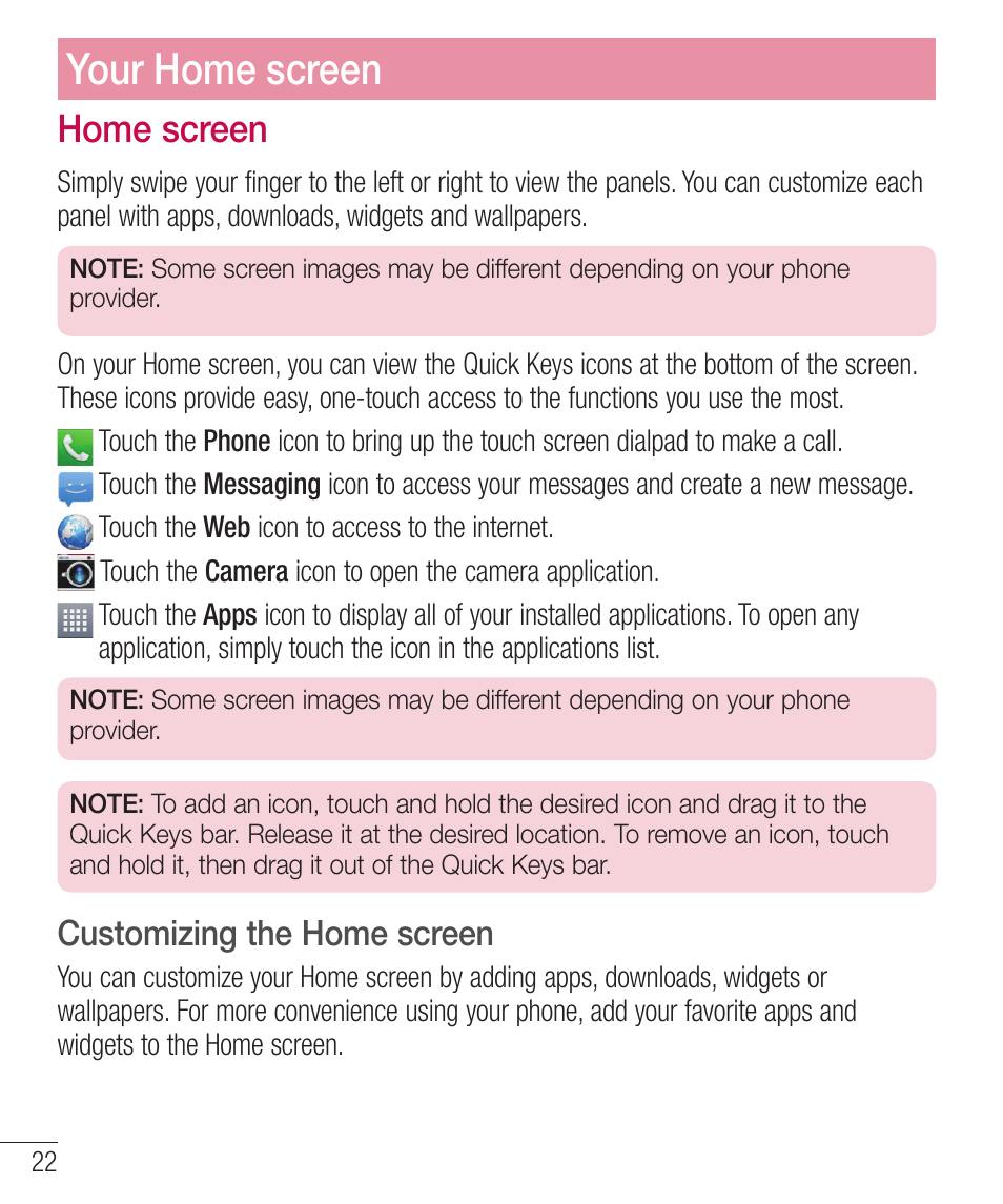 Home screen, Customizing the home screen, Pnftdsffo | Your home screen | LG LGD321 User Manual | Page 24 / 118