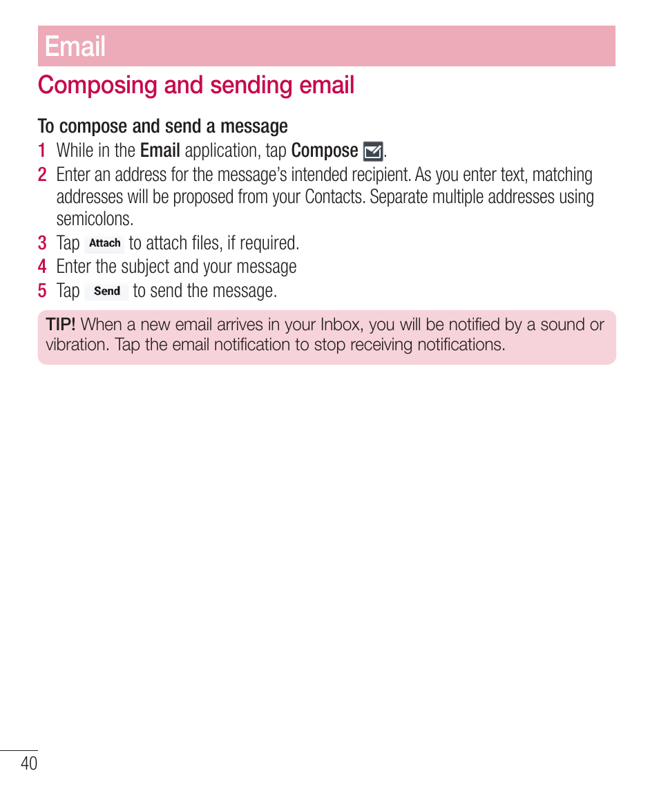 Composing and sending email, Pnqptjohboetfoejohfnbjm, Email | LG LGD321 User Manual | Page 42 / 118