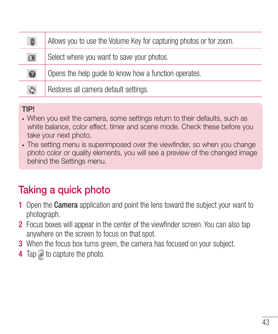 Taking a quick photo, 5bljohbrvjdlqipup | LG LGD321 User Manual | Page 45 / 118