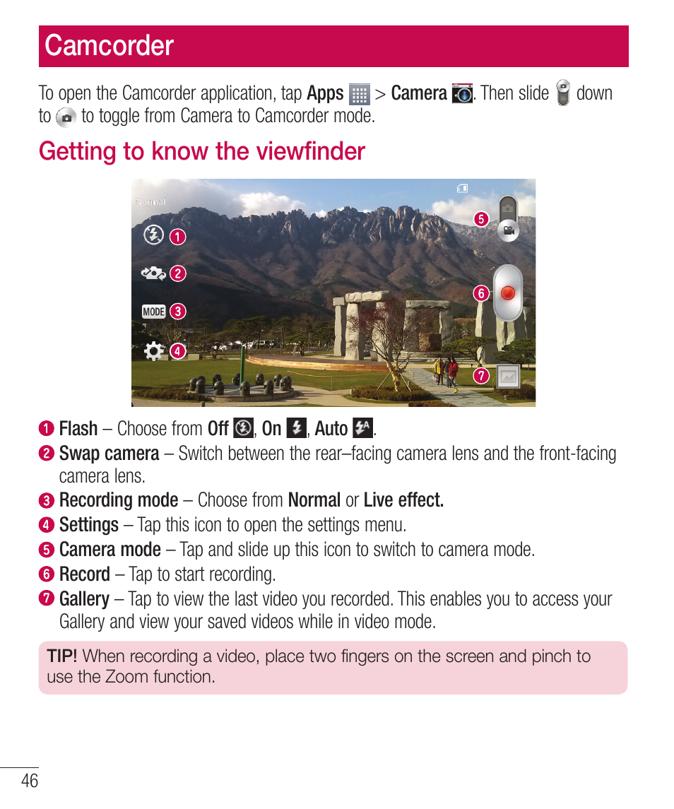 Camcorder, Getting to know the viewfinder, Fuujohuplopxuifwjfxmoefs | LG LGD321 User Manual | Page 48 / 118