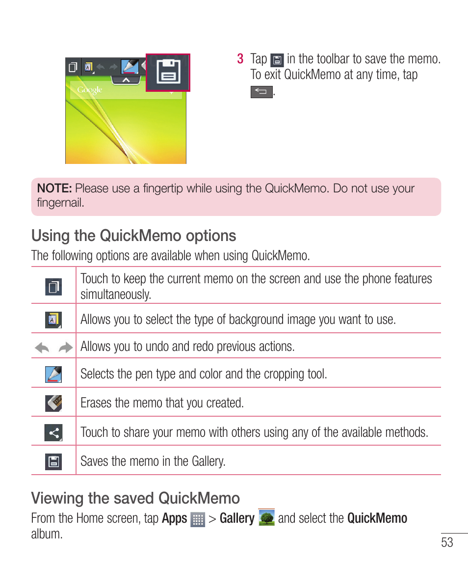 Using the quickmemo options, Viewing the saved quickmemo | LG LGD321 User Manual | Page 55 / 118