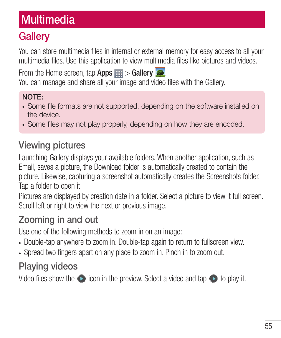 Multimedia, Gallery, Viewing pictures | Zooming in and out, Playing videos, Bmmfsz, Viewing pictures zooming in and out playing videos | LG LGD321 User Manual | Page 57 / 118
