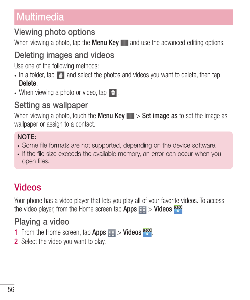 Viewing photo options, Deleting images and videos, Setting as wallpaper | Videos, Playing a video, Deleting images and videos setting as wallpaper, 7jefpt, Multimedia | LG LGD321 User Manual | Page 58 / 118